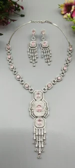 Blush PinkAmerican Diamond Statement Necklace Set | SDN1136 - Image 2