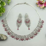 Luxury Pink American Diamond Statement Necklace & Earrings Set-SDN1101 - Image 2