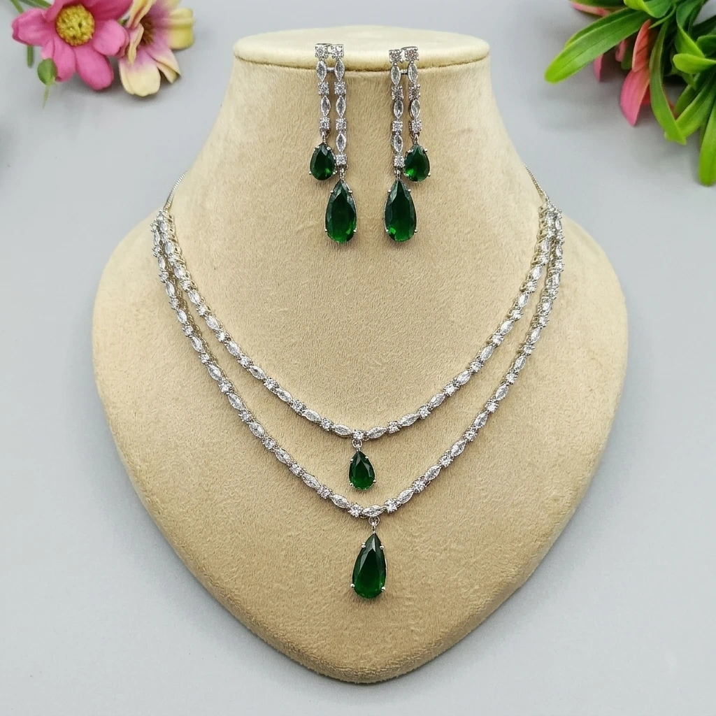 Emerald Royale Layered American Diamond Necklace Set-SDN1114