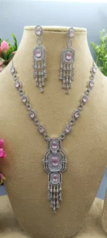 Blush PinkAmerican Diamond Statement Necklace Set | SDN1136 - Image 4