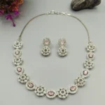 Blush Halo Pink Crystal American Diamond Necklace & Earrings Set - Image 3