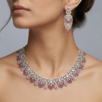 Luxury Pink American Diamond Statement Necklace & Earrings Set-SDN1101