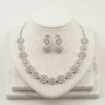 Blush Halo Pink Crystal American Diamond Necklace & Earrings Set - Image 2