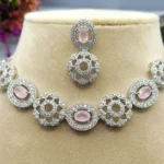 Blush Halo Pink Crystal American Diamond Necklace & Earrings Set - Image 4