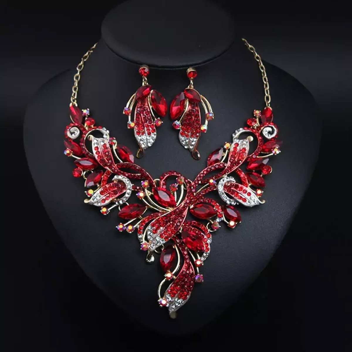 Swanky Diva Red bib Rhinestone Necklace and Earring Set for Wedding , Party.