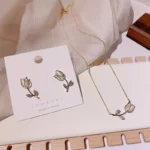 Swanky Diva Elegant Cute Delicate Fashion Opal Rose Flower Necklace and Stud Earrings Micro Paved Zircon Jewelry Set For Students , office women