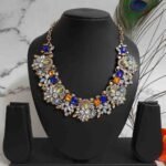 Swanky Diva Enshrine Statement Yellow Blue White Crystals Highly Rhodium Plated Contemporary Necklace for Women and Girls.
