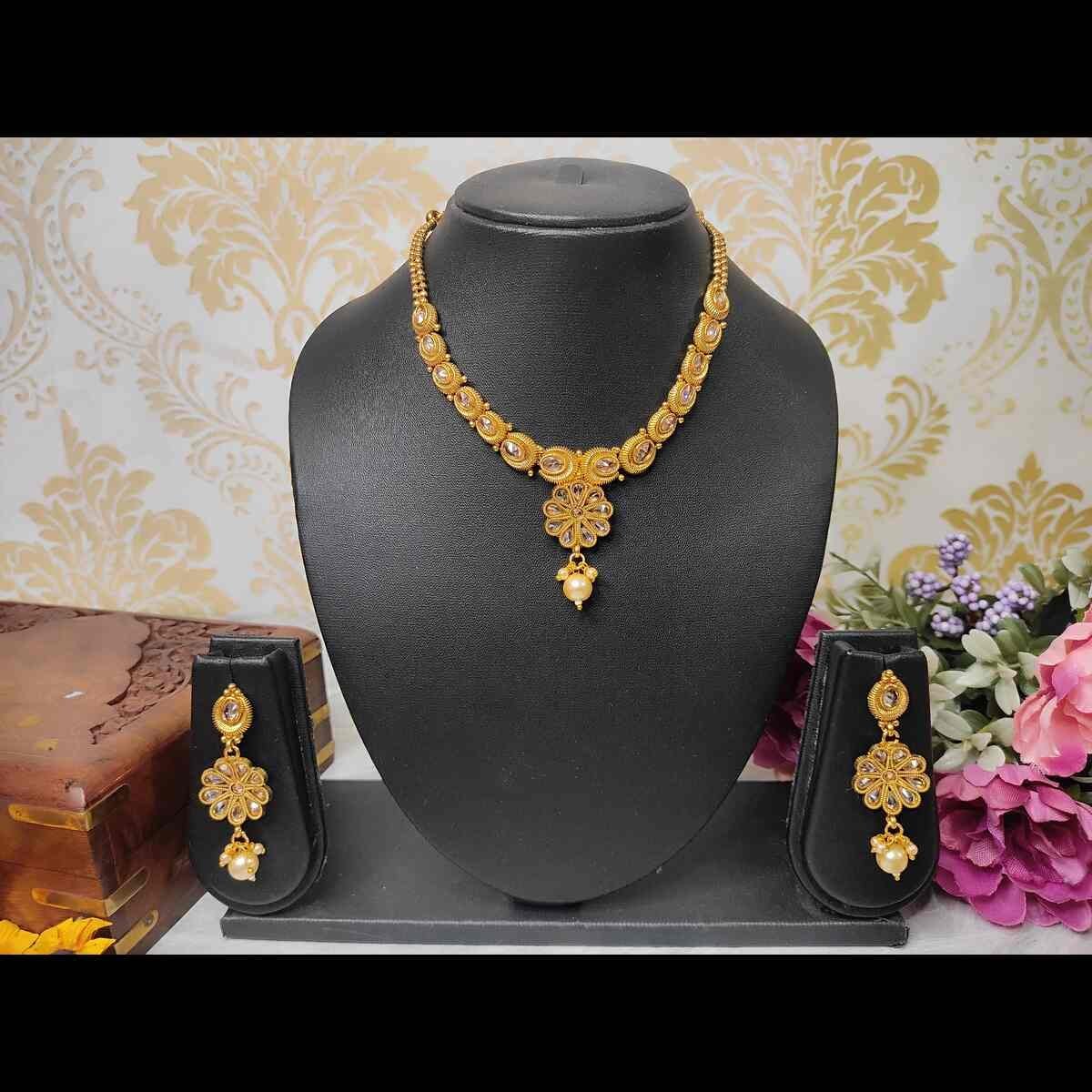 Swanky Diva Gold Plated Kundan & Pearls Necklace and Earrings Jewellery Set