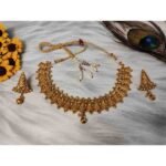 Gold Plated Kundan Temple Choker Necklace and Antique Earring Jewellery Set - Image 2
