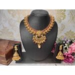 Mango Design AD & ruby Stone Gold Plated Choker and Jhumka Earring Set
