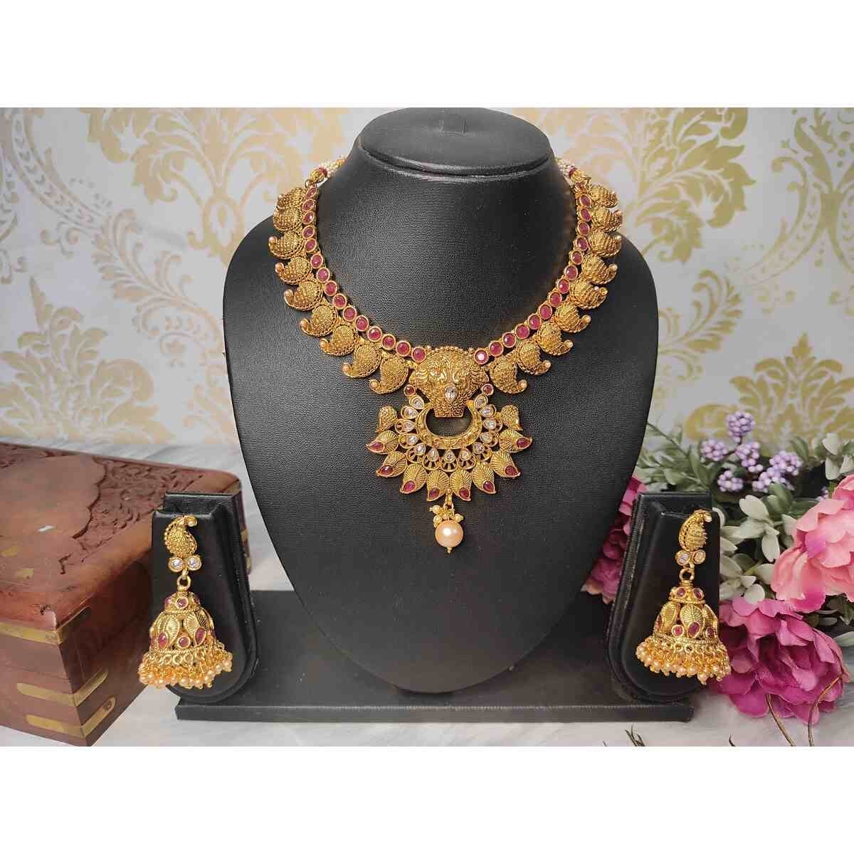 Mango Design AD & ruby Stone Gold Plated Choker and Jhumka Earring Set