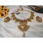 Latest Unique Mango & Flower Design Maroon Green Kundan and AD Choker & Jhumka Earring Set