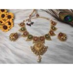 Latest Unique Mango & Flower Design Maroon Green Kundan and AD Choker & Jhumka Earring Set - Image 2