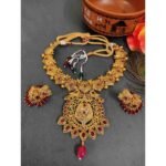 Traditional South Indian Copper Highly Gold Plated Necklace Earrings Set for Wedding And Party Wear for Women & Girls.