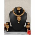 Traditional South Indian Copper Highly Gold Plated Necklace Earrings Maangtika Set for Wedding And Party Wear for Women & Girls. - Image 2