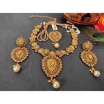 Traditional South Indian Copper Highly Gold Plated Necklace Earrings Maangtika Set for Wedding And Party Wear for Women & Girls.