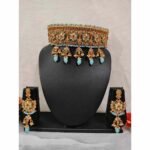 Gold Plated Traditional torquise beads Kundan Pearl Bridal Choker Necklace with Earrings Jewellery Set for Women Girls - Image 2