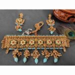 Gold Plated Traditional torquise beads Kundan Pearl Bridal Choker Necklace with Earrings Jewellery Set for Women Girls