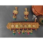 Gold Plated Traditional maroon beads Kundan Pearl Bridal Choker Necklace with Earrings Jewellery Set for Women Girls