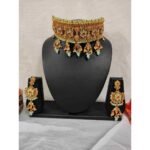 Gold Plated Traditional green beads Kundan Pearl Bridal Choker Necklace with Earrings Jewellery Set for Women Girls - Image 2