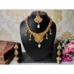 Gold Plated Kundan & Pearl Necklace, Earring and Mang Tika set