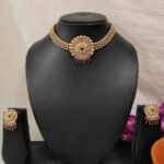 Ruby & Green Stone High Quality Gold Matte Finish Choker Necklace Earring Set