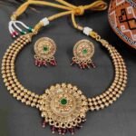 Ruby & Green Stone High Quality Gold Matte Finish Choker Necklace Earring Set - Image 2