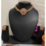 Ruby Stone High Quality Gold Matte Finish Choker Necklace Earring Set