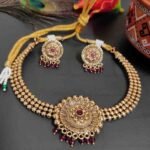 Ruby Stone High Quality Gold Matte Finish Choker Necklace Earring Set - Image 2