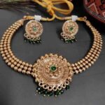 Green Stone High Quality Gold Matte Finish Choker Necklace Earring Set