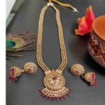 High Quality Gold Plated Ruby Stone Long Haram and Jhumka Earring Necklace set - Image 2