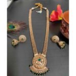 High Quality Gold Plated Green Stone Long Haram and Jhumka Earring Necklace set