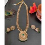 Green Stone High Quality Gold Matte Finish Long Necklace Jhumka Earring Set
