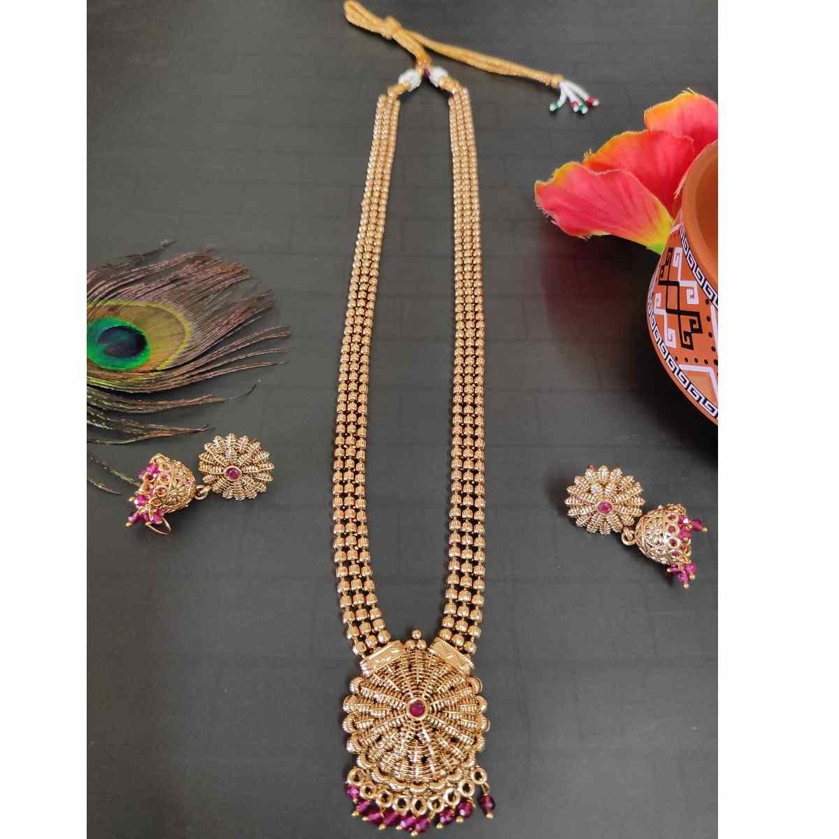 Ruby Stone Gold Plated Copper long Haar With Jhumka Earrings for Girls