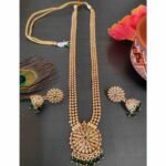 Green Stone High Quality Gold Matte Finish 24inches Long Necklace Jhumka Earring Set