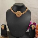 Maroon Green Stone High Quality Gold Matte Finish Choker Necklace Earring Set