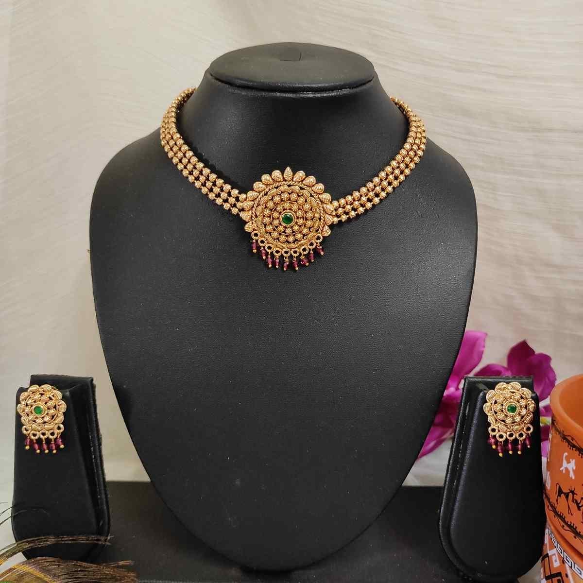 Maroon Green Stone High Quality Gold Matte Finish Choker Necklace Earring Set