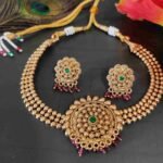 Maroon Green Stone High Quality Gold Matte Finish Choker Necklace Earring Set - Image 2