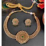 Latest Green Stone High Quality Gold Matte Finish Choker Necklace Earring Set
