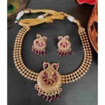 Unique 2 peacock design Ruby pendant choker necklace and stud earring Jewellery