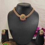 Ruby & Green Stone High Quality Gold Matte Finish Choker Necklace Earring Set