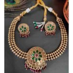 Ruby & Green Stone High Quality Gold Matte Finish Choker Necklace Earring Set - Image 2