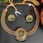 Green Stone High Quality Gold Matte Finish Choker Necklace Earring Set