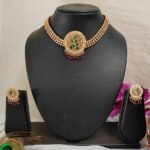 Latest Unique Leaf design Ruby and Green Stone Choker Necklace and Stud Earrings Set