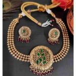 Latest Unique Leaf design Ruby and Green Stone Choker Necklace and Stud Earrings Set - Image 2