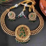 Latest Unique Leaf design Green Stone Choker Necklace and Stud Earrings Set