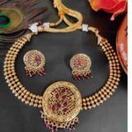 Latest Unique Leaf design Ruby Stone Choker Necklace and Stud Earrings Set