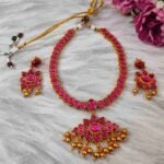Unique Temple Design Ruby Stone Golden Balls Matte Finish Necklace and Earring Set - Image 2