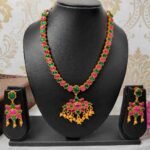 Unique Temple Design Ruby & Green Stone Golden Balls Matte Finish Necklace and Earring Set