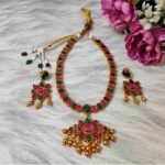 Unique Temple Design Ruby & Green Stone Golden Balls Matte Finish Necklace and Earring Set - Image 2